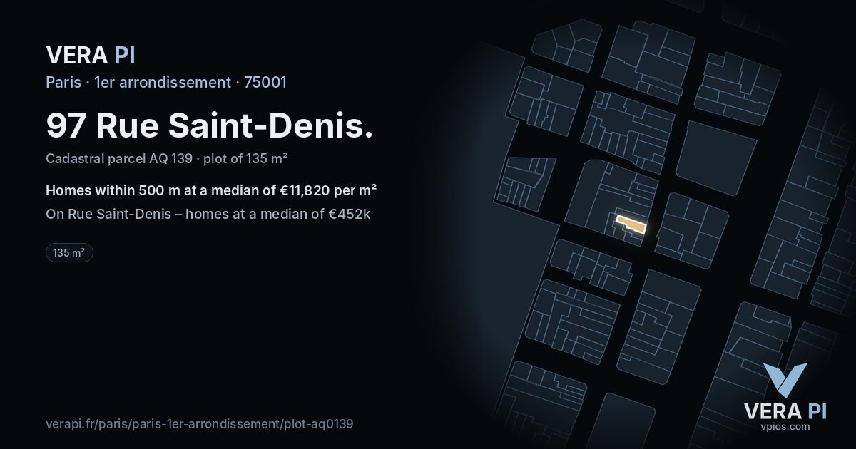 97 Rue Saint-Denis, 1er arrondissement at night – the plot lit, the parcels around coloured by the prices near them
