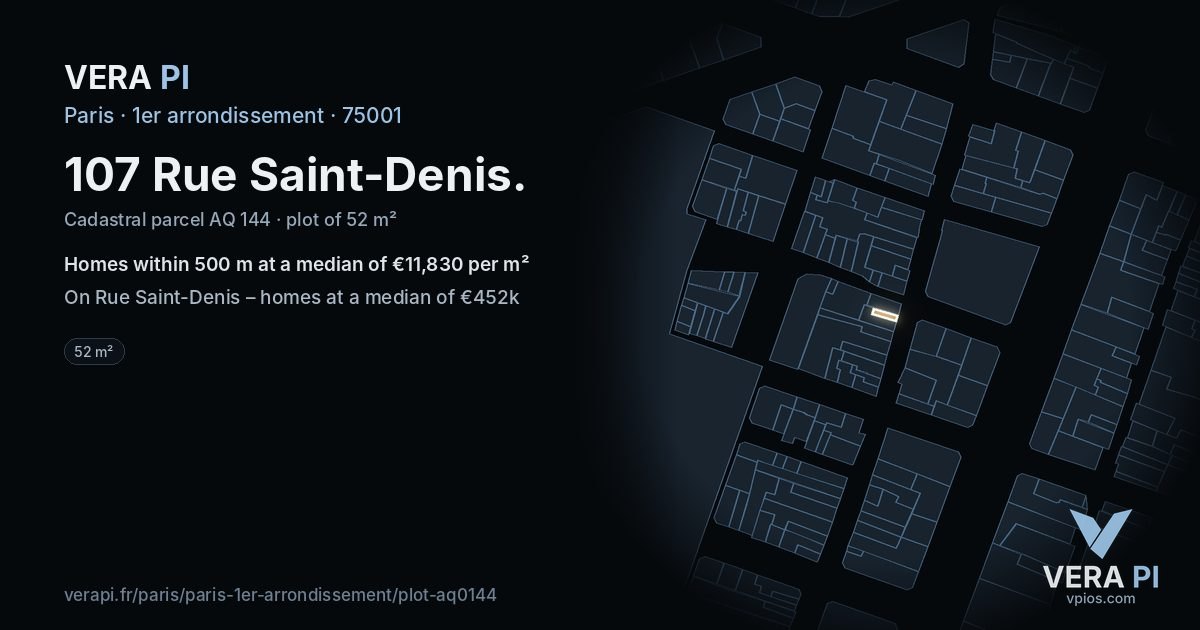 107 Rue Saint-Denis, 1er arrondissement at night – the plot lit, the parcels around coloured by the prices near them