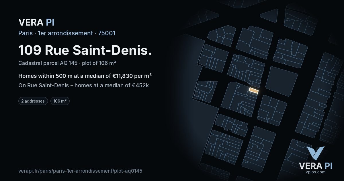109 Rue Saint-Denis, 1er arrondissement at night – the plot lit, the parcels around coloured by the prices near them