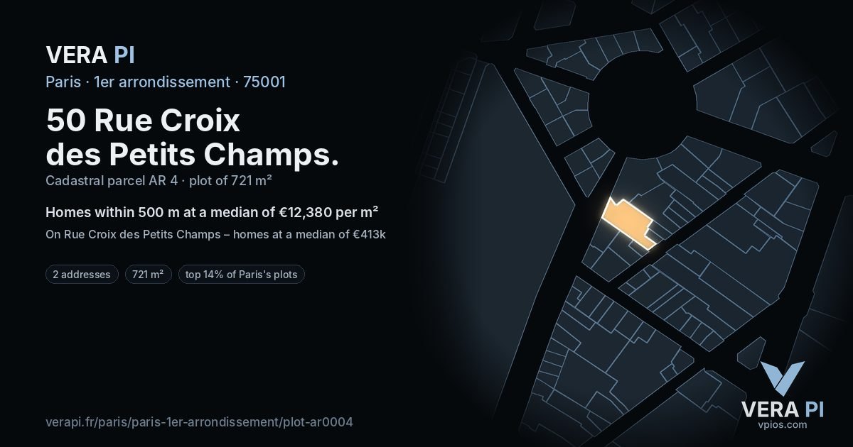 50 Rue Croix des Petits Champs, 1er arrondissement at night – the plot lit, the parcels around coloured by the prices near them