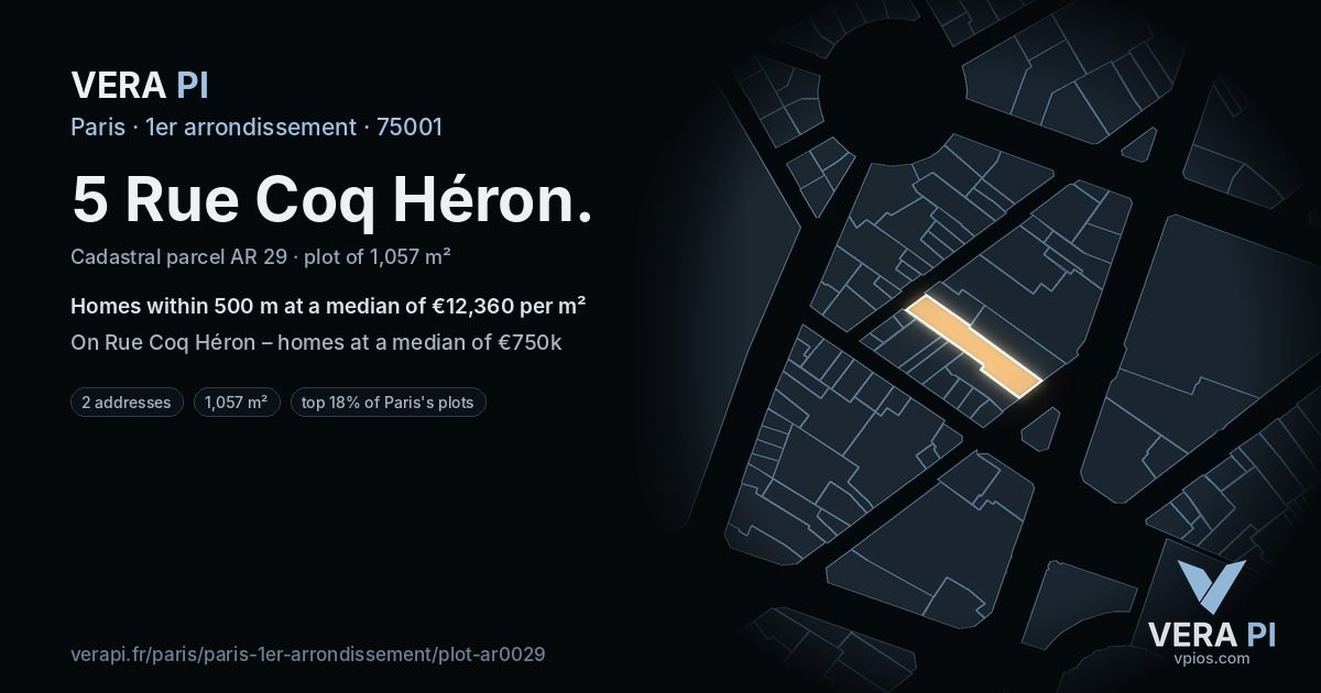5 Rue Coq Héron, 1er arrondissement at night – the plot lit, the parcels around coloured by the prices near them