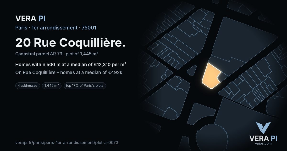20 Rue Coquillière, 1er arrondissement at night – the plot lit, the parcels around coloured by the prices near them