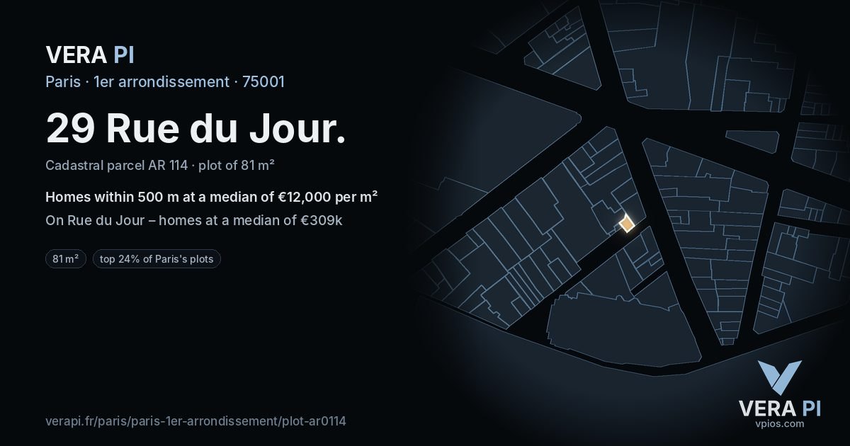 29 Rue du Jour, 1er arrondissement at night – the plot lit, the parcels around coloured by the prices near them