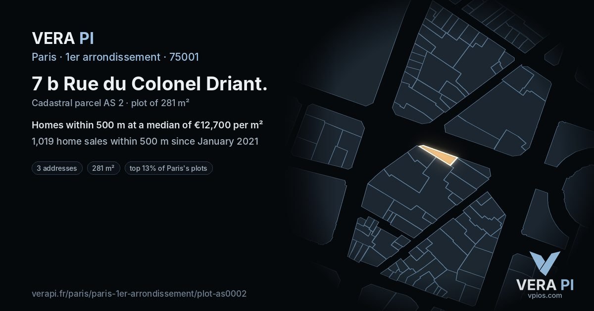 7 b Rue du Colonel Driant, 1er arrondissement at night – the plot lit, the parcels around coloured by the prices near them