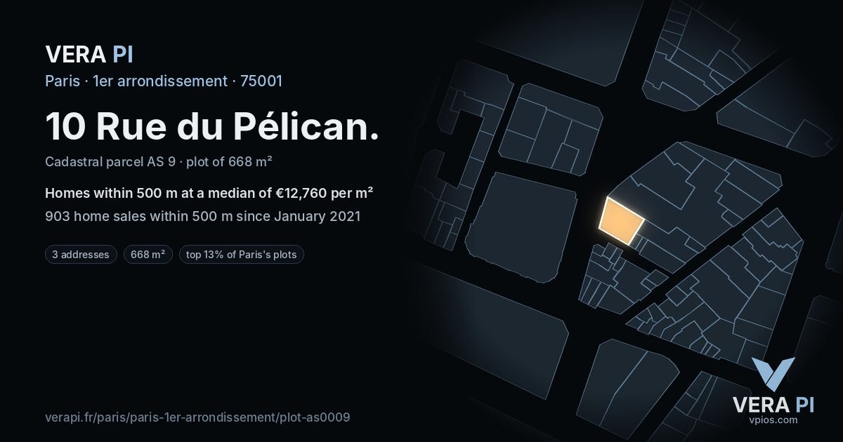 10 Rue du Pélican, 1er arrondissement at night – the plot lit, the parcels around coloured by the prices near them