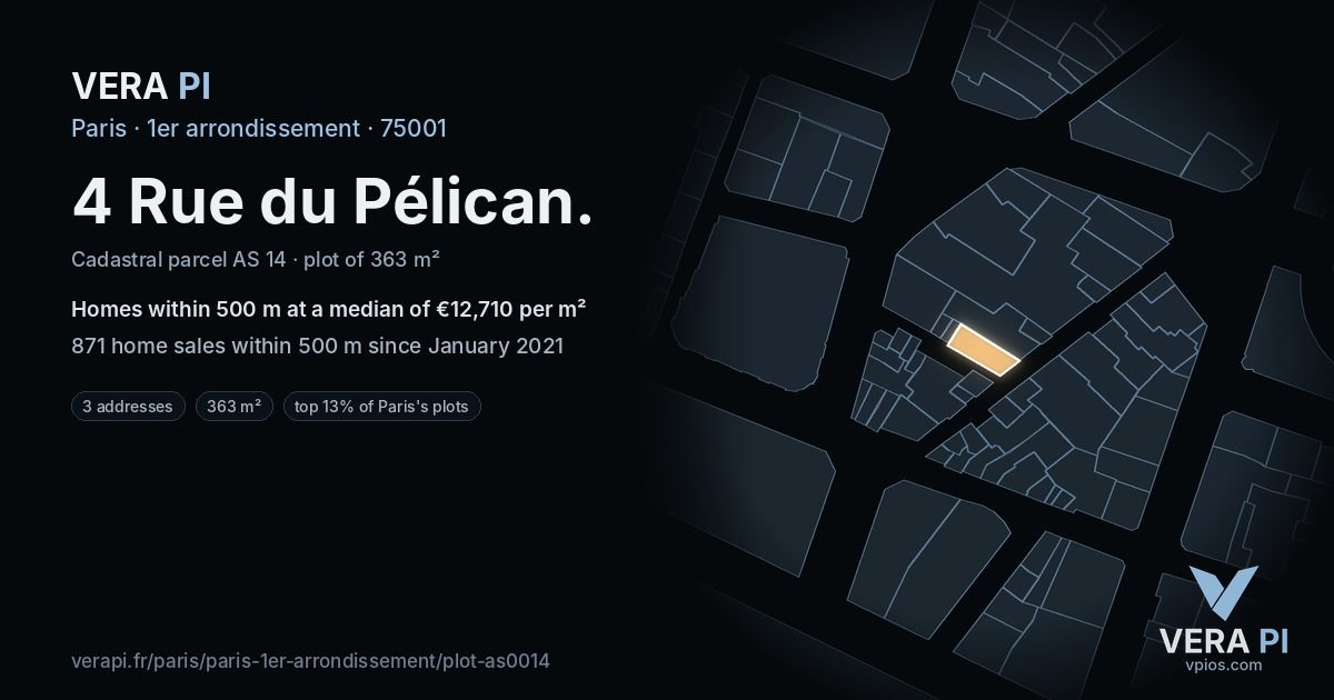 4 Rue du Pélican, 1er arrondissement at night – the plot lit, the parcels around coloured by the prices near them