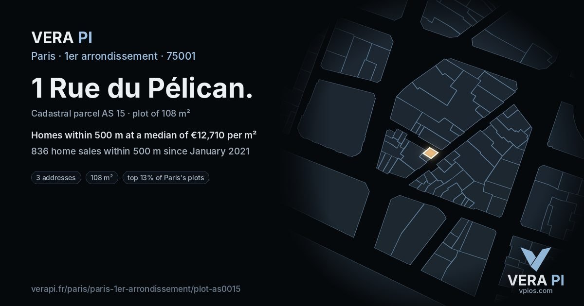 1 Rue du Pélican, 1er arrondissement at night – the plot lit, the parcels around coloured by the prices near them