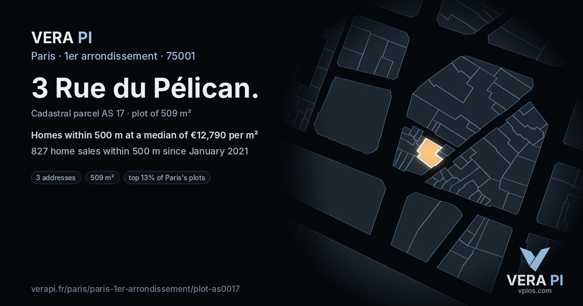 3 Rue du Pélican, 1er arrondissement at night – the plot lit, the parcels around coloured by the prices near them