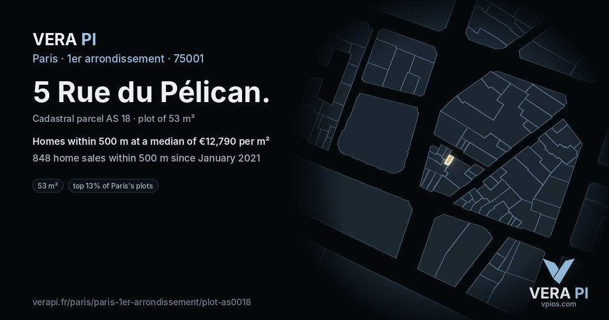5 Rue du Pélican, 1er arrondissement at night – the plot lit, the parcels around coloured by the prices near them