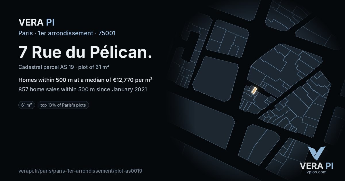 7 Rue du Pélican, 1er arrondissement at night – the plot lit, the parcels around coloured by the prices near them