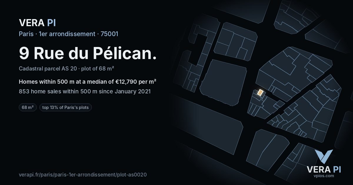 9 Rue du Pélican, 1er arrondissement at night – the plot lit, the parcels around coloured by the prices near them