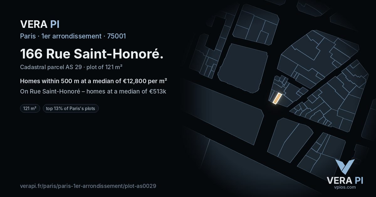 166 Rue Saint-Honoré, 1er arrondissement at night – the plot lit, the parcels around coloured by the prices near them