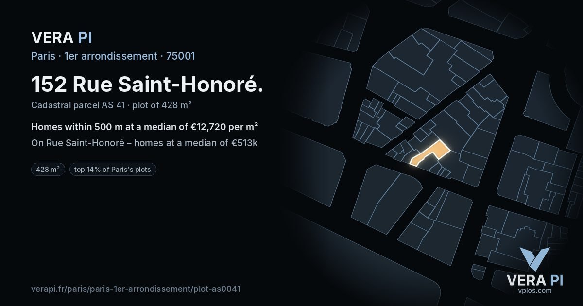 152 Rue Saint-Honoré, 1er arrondissement at night – the plot lit, the parcels around coloured by the prices near them