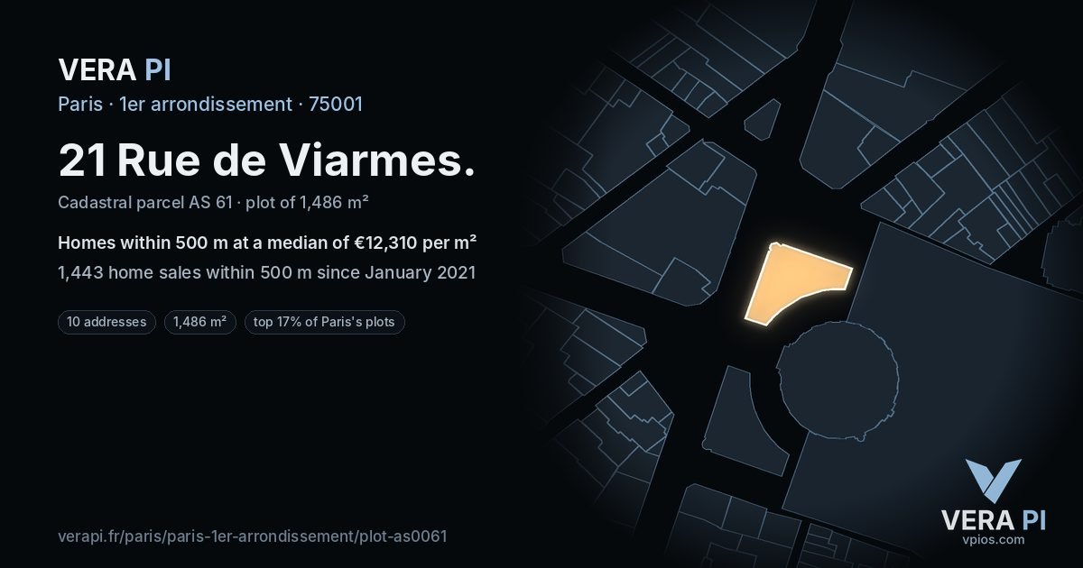 21 Rue de Viarmes, 1er arrondissement at night – the plot lit, the parcels around coloured by the prices near them