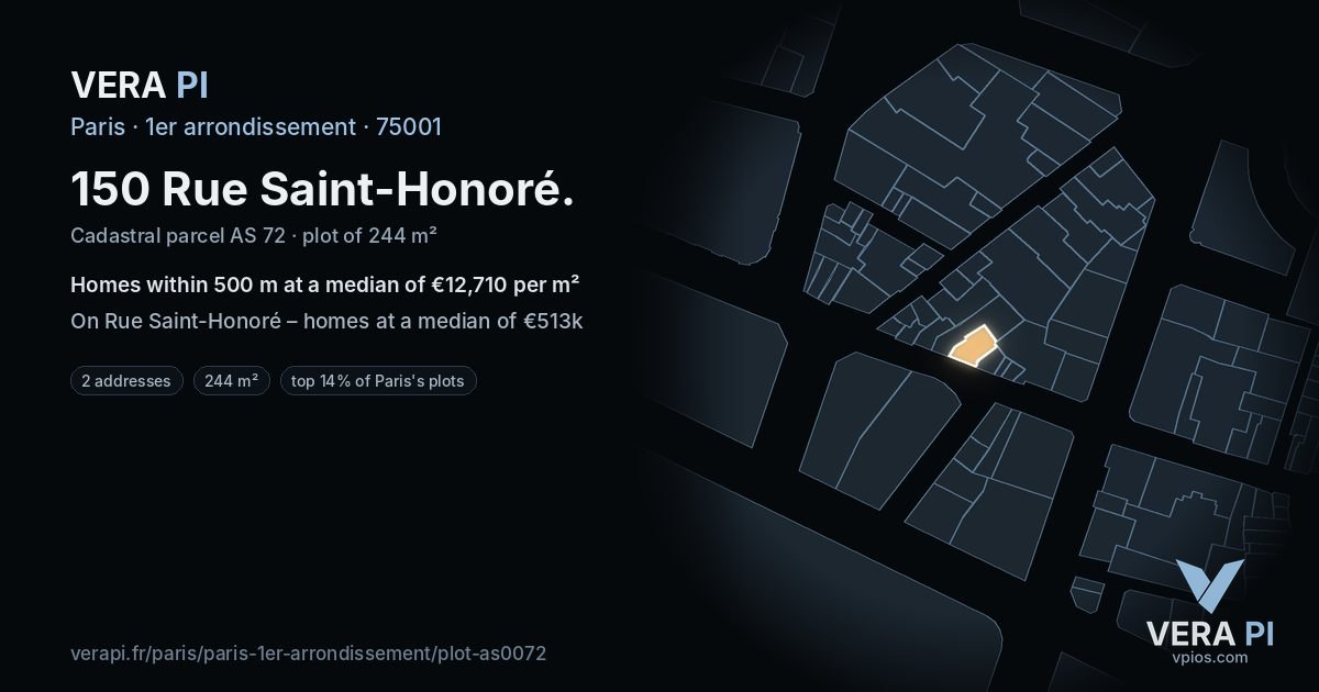 150 Rue Saint-Honoré, 1er arrondissement at night – the plot lit, the parcels around coloured by the prices near them