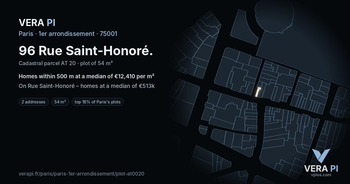 96 Rue Saint-Honoré, 1er arrondissement at night – the plot lit, the parcels around coloured by the prices near them