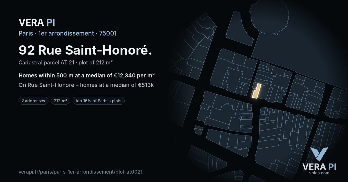 92 Rue Saint-Honoré, 1er arrondissement at night – the plot lit, the parcels around coloured by the prices near them