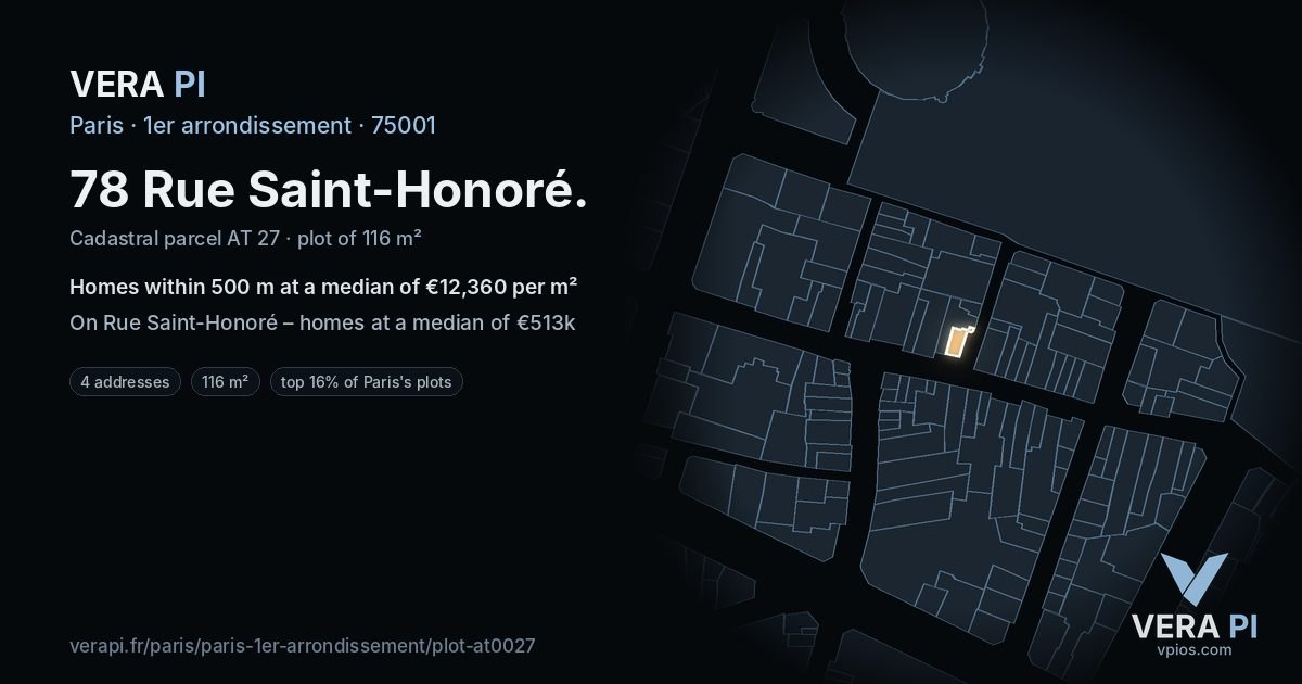 78 Rue Saint-Honoré, 1er arrondissement at night – the plot lit, the parcels around coloured by the prices near them