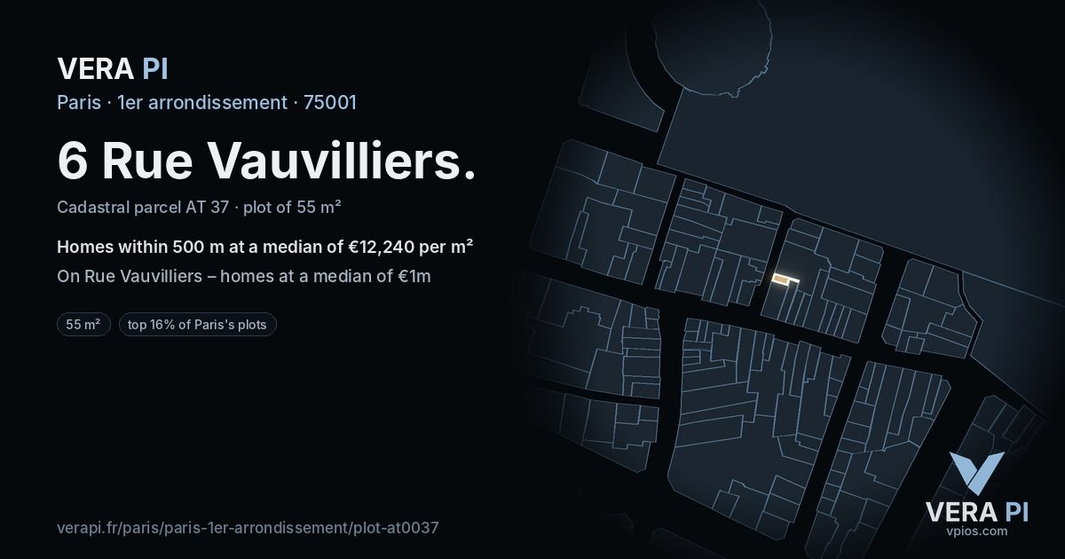 6 Rue Vauvilliers, 1er arrondissement at night – the plot lit, the parcels around coloured by the prices near them