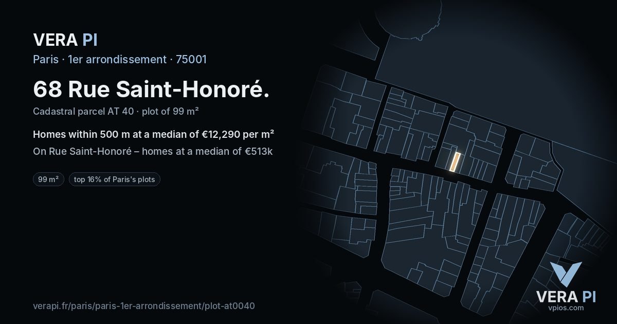 68 Rue Saint-Honoré, 1er arrondissement at night – the plot lit, the parcels around coloured by the prices near them