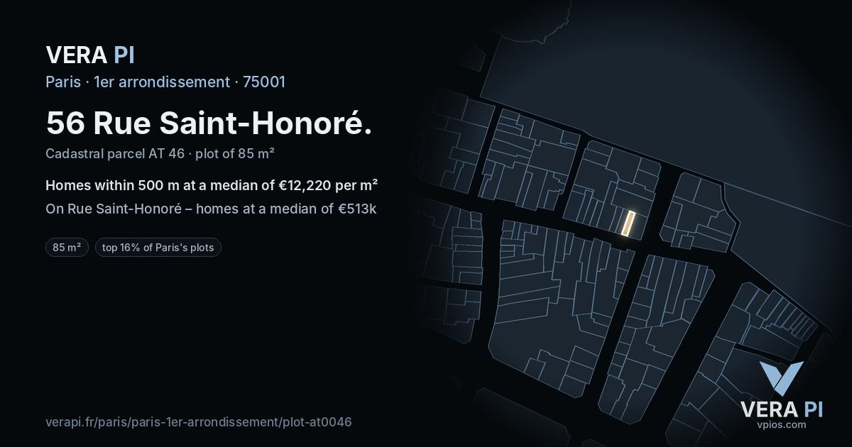 56 Rue Saint-Honoré, 1er arrondissement at night – the plot lit, the parcels around coloured by the prices near them