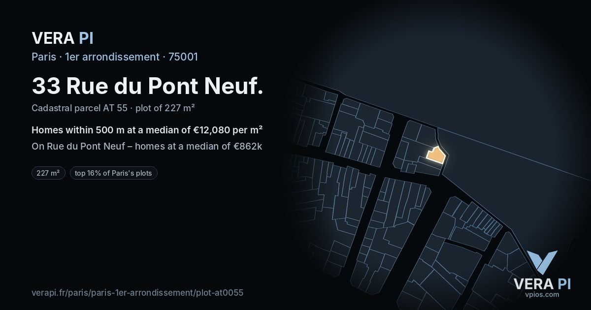 33 Rue du Pont Neuf, 1er arrondissement at night – the plot lit, the parcels around coloured by the prices near them