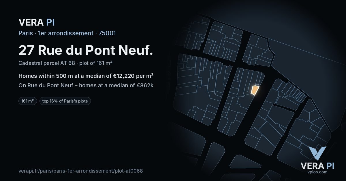 27 Rue du Pont Neuf, 1er arrondissement at night – the plot lit, the parcels around coloured by the prices near them