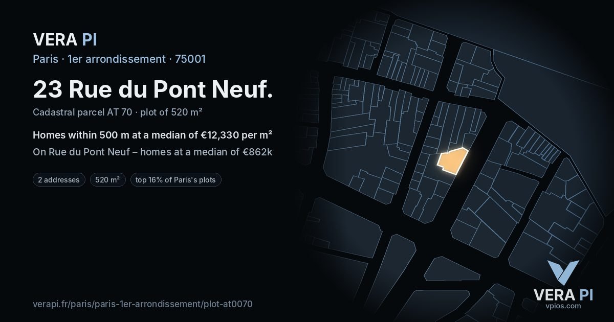 23 Rue du Pont Neuf, 1er arrondissement at night – the plot lit, the parcels around coloured by the prices near them