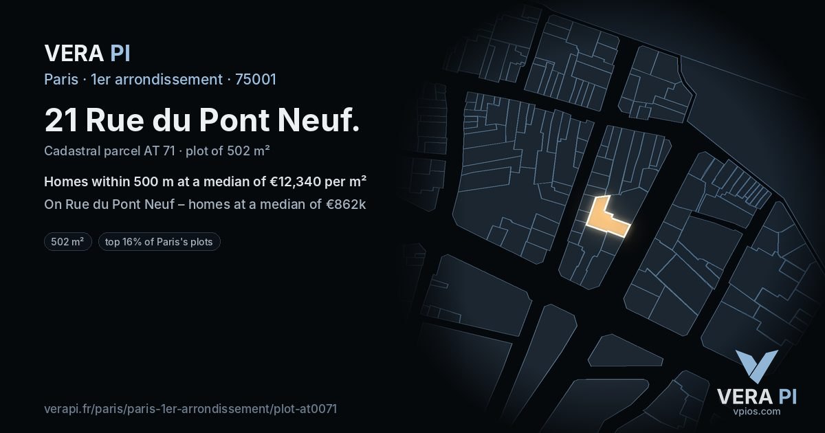 21 Rue du Pont Neuf, 1er arrondissement at night – the plot lit, the parcels around coloured by the prices near them