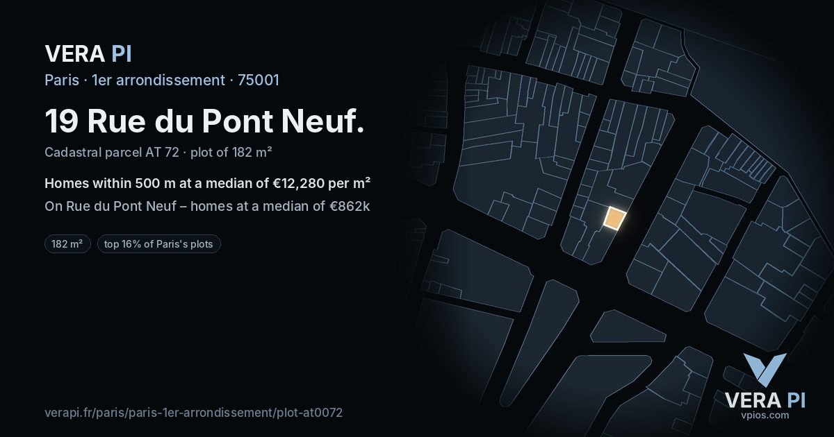 19 Rue du Pont Neuf, 1er arrondissement at night – the plot lit, the parcels around coloured by the prices near them