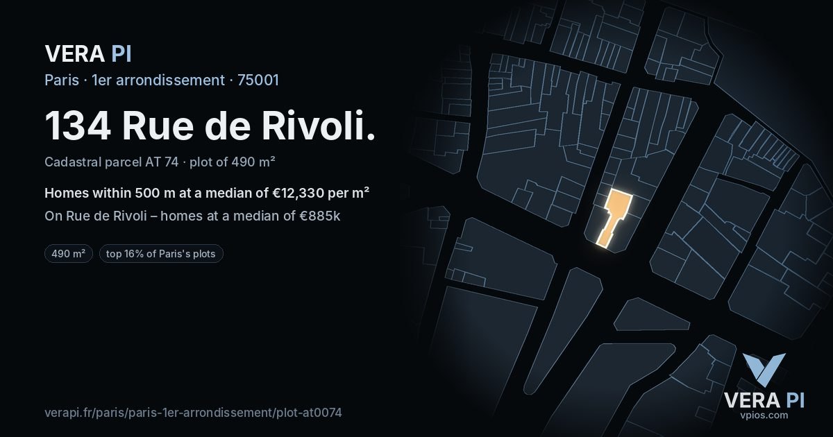 134 Rue de Rivoli, 1er arrondissement at night – the plot lit, the parcels around coloured by the prices near them