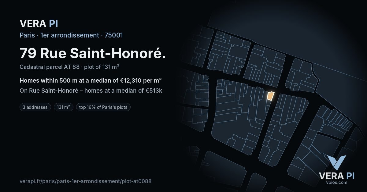 79 Rue Saint-Honoré, 1er arrondissement at night – the plot lit, the parcels around coloured by the prices near them