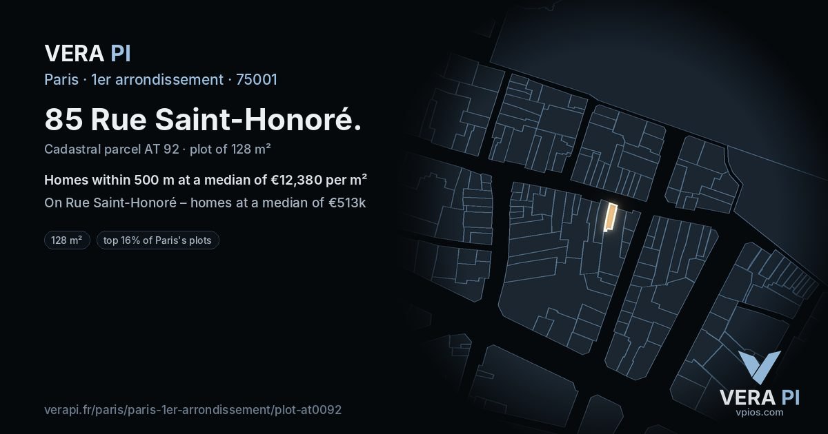85 Rue Saint-Honoré, 1er arrondissement at night – the plot lit, the parcels around coloured by the prices near them