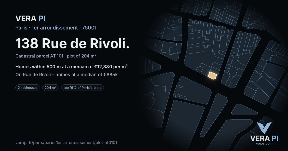 138 Rue de Rivoli, 1er arrondissement at night – the plot lit, the parcels around coloured by the prices near them