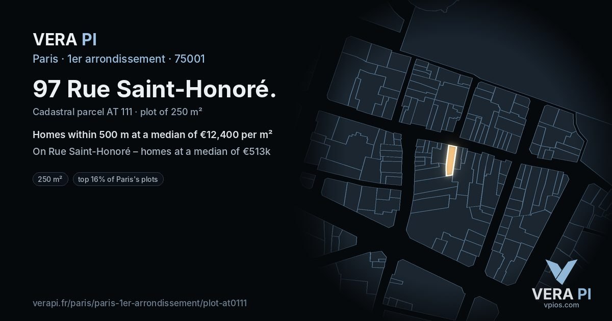 97 Rue Saint-Honoré, 1er arrondissement at night – the plot lit, the parcels around coloured by the prices near them