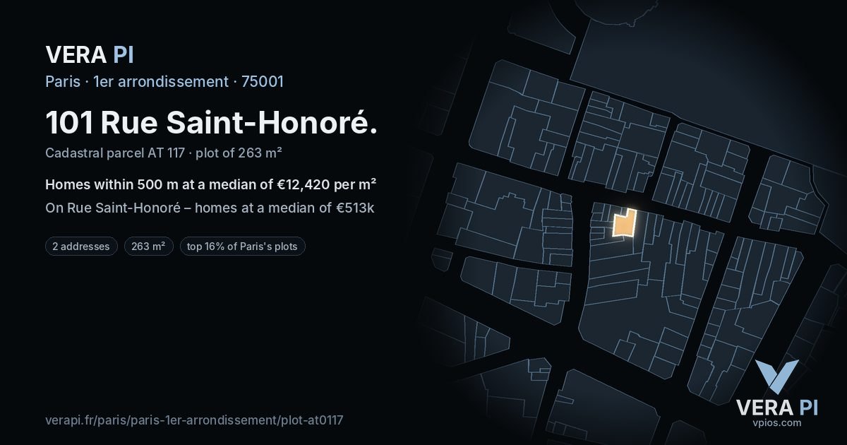 101 Rue Saint-Honoré, 1er arrondissement at night – the plot lit, the parcels around coloured by the prices near them