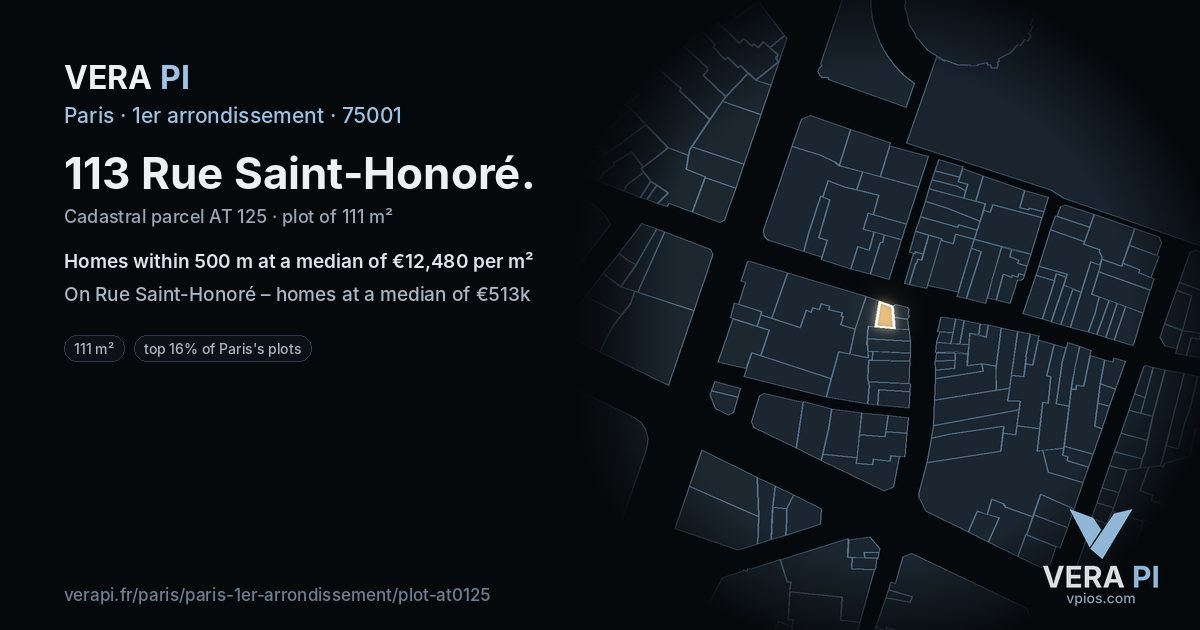 113 Rue Saint-Honoré, 1er arrondissement at night – the plot lit, the parcels around coloured by the prices near them