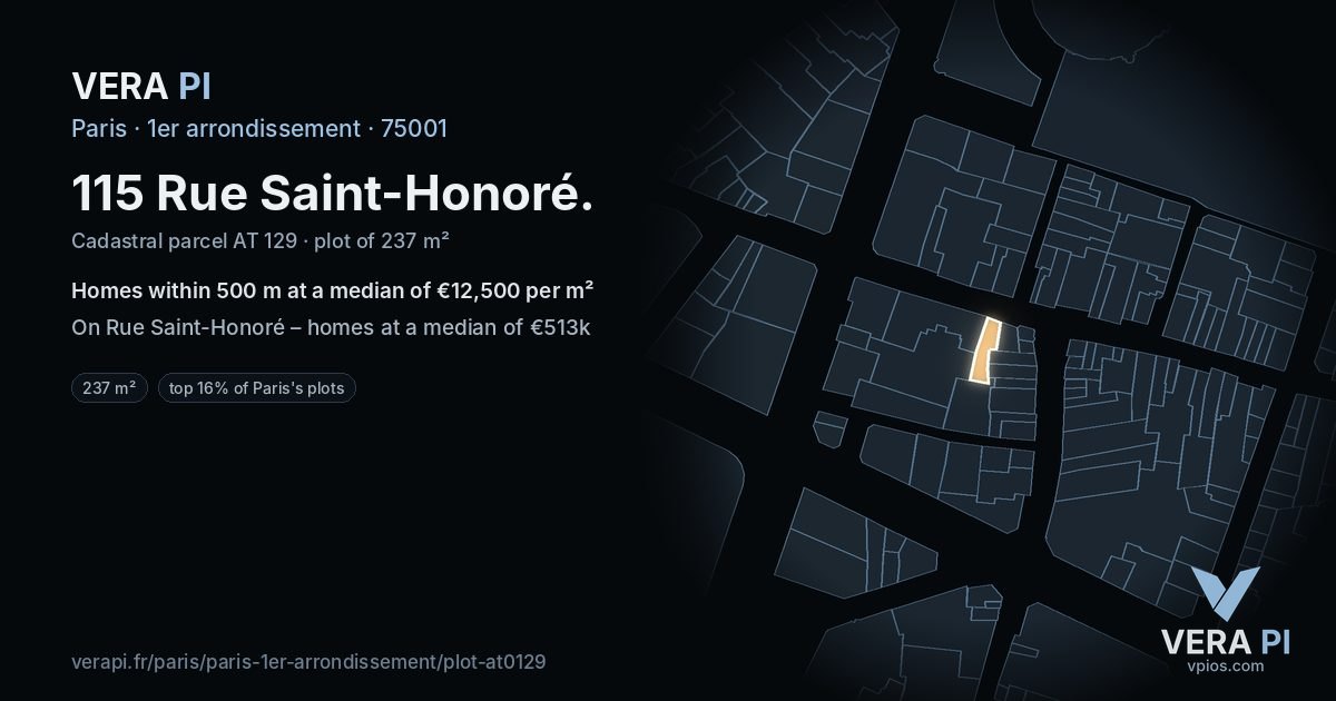 115 Rue Saint-Honoré, 1er arrondissement at night – the plot lit, the parcels around coloured by the prices near them