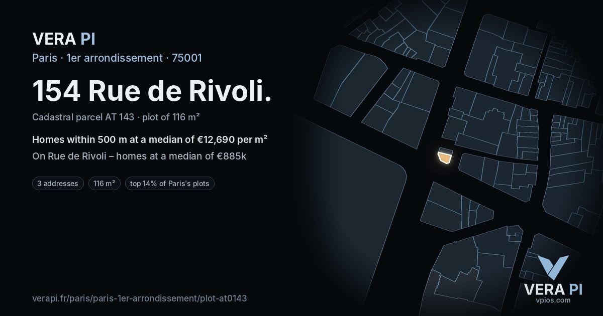 154 Rue de Rivoli, 1er arrondissement at night – the plot lit, the parcels around coloured by the prices near them