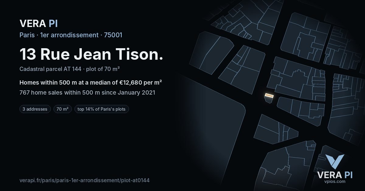 13 Rue Jean Tison, 1er arrondissement at night – the plot lit, the parcels around coloured by the prices near them