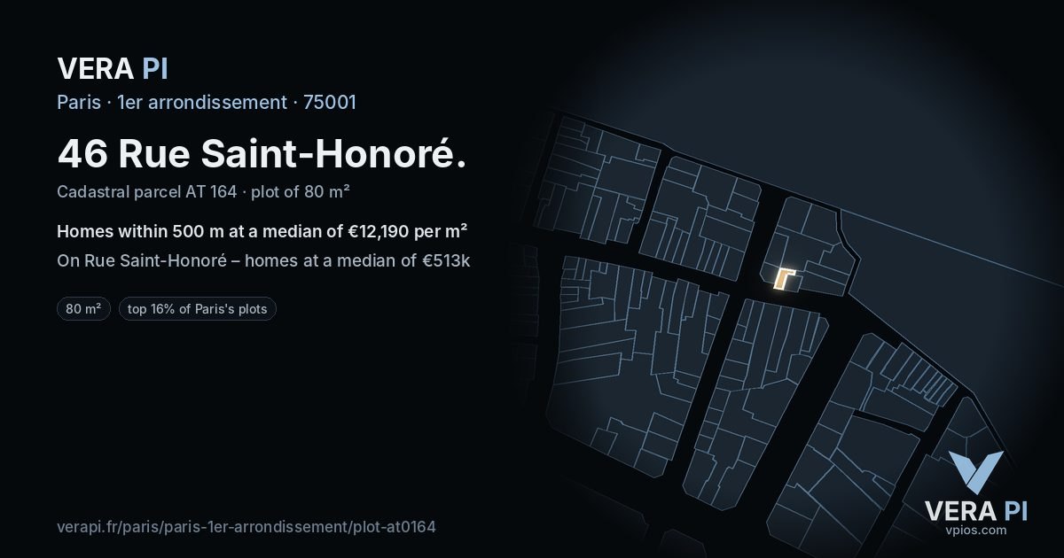 46 Rue Saint-Honoré, 1er arrondissement at night – the plot lit, the parcels around coloured by the prices near them