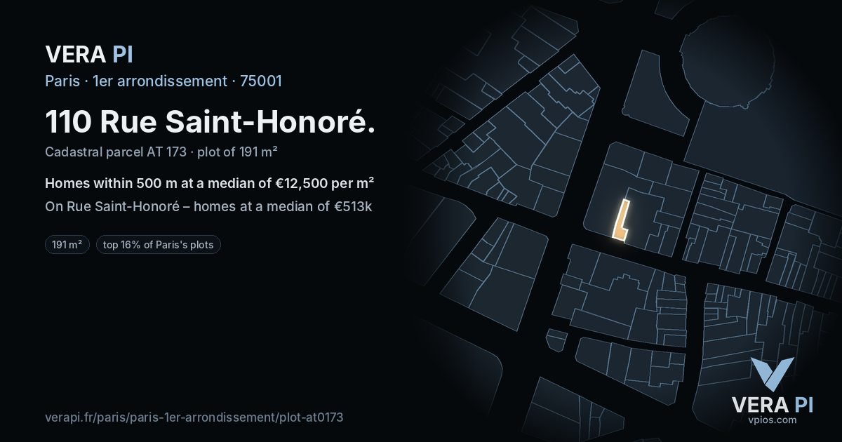 110 Rue Saint-Honoré, 1er arrondissement at night – the plot lit, the parcels around coloured by the prices near them