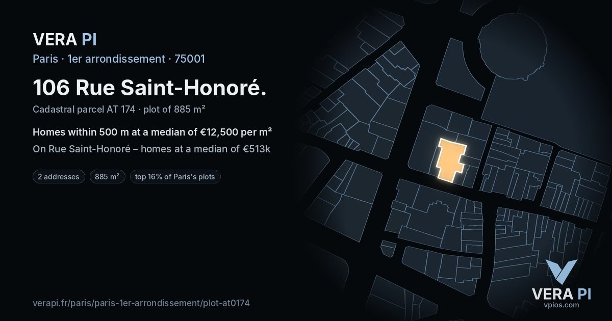 106 Rue Saint-Honoré, 1er arrondissement at night – the plot lit, the parcels around coloured by the prices near them