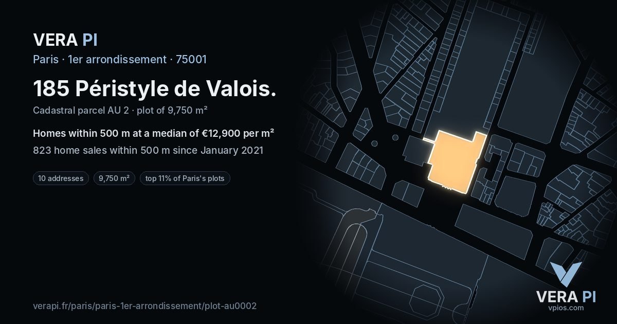 185 Péristyle de Valois, 1er arrondissement at night – the plot lit, the parcels around coloured by the prices near them