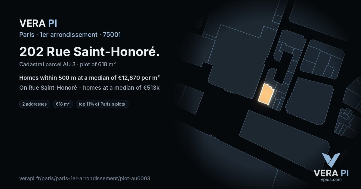 202 Rue Saint-Honoré, 1er arrondissement at night – the plot lit, the parcels around coloured by the prices near them