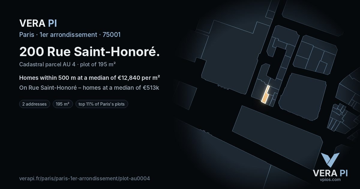 200 Rue Saint-Honoré, 1er arrondissement at night – the plot lit, the parcels around coloured by the prices near them