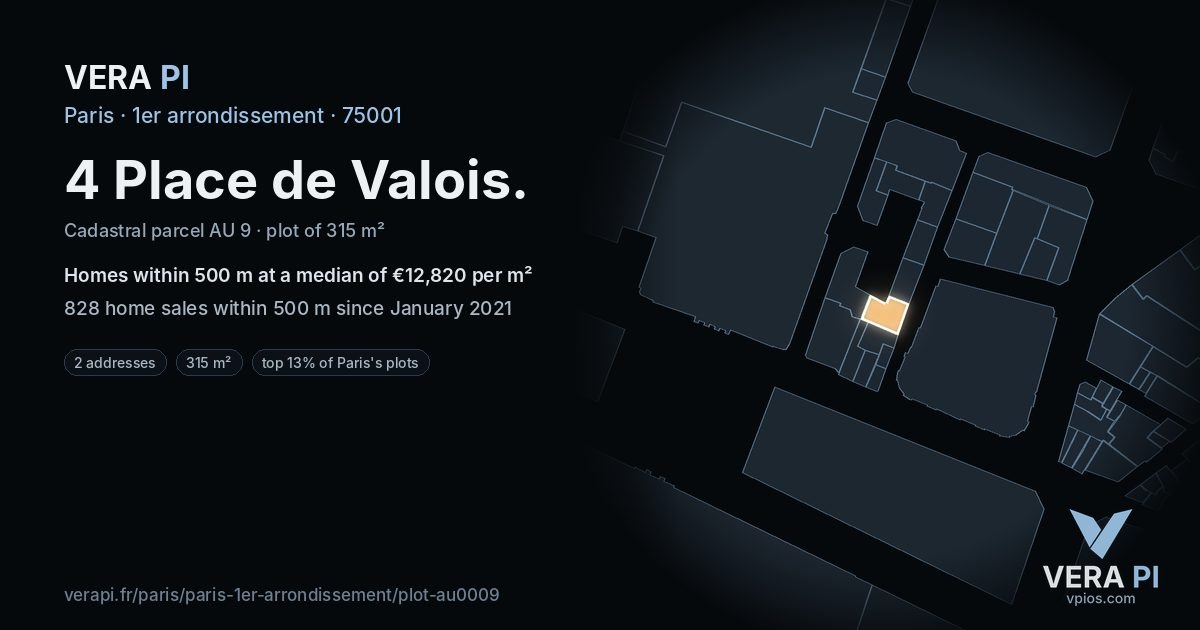 4 Place de Valois, 1er arrondissement at night – the plot lit, the parcels around coloured by the prices near them