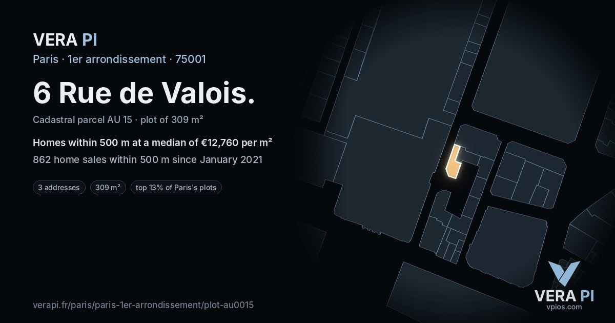 6 Rue de Valois, 1er arrondissement at night – the plot lit, the parcels around coloured by the prices near them