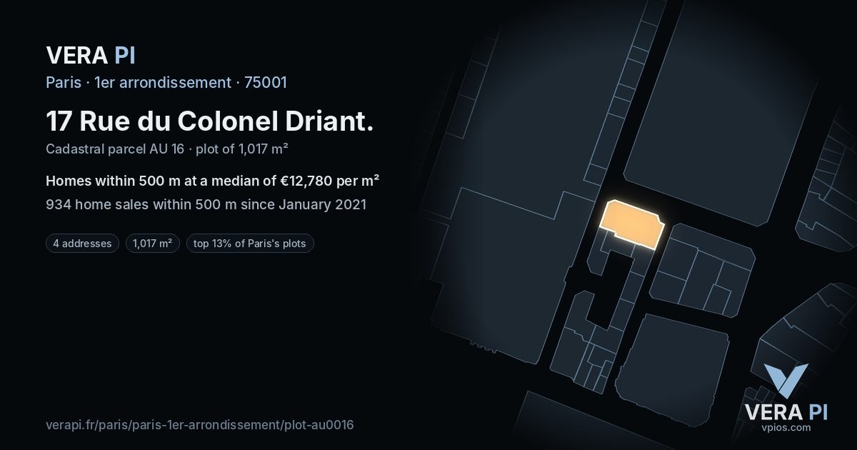 17 Rue du Colonel Driant, 1er arrondissement at night – the plot lit, the parcels around coloured by the prices near them