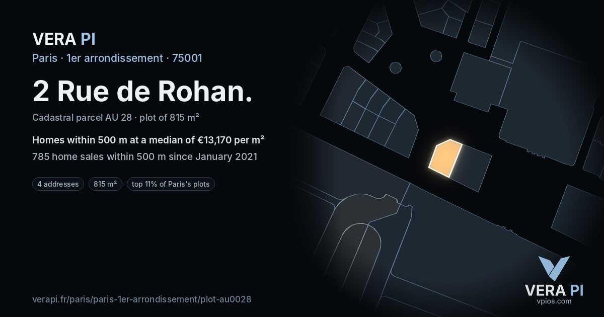 2 Rue de Rohan, 1er arrondissement at night – the plot lit, the parcels around coloured by the prices near them
